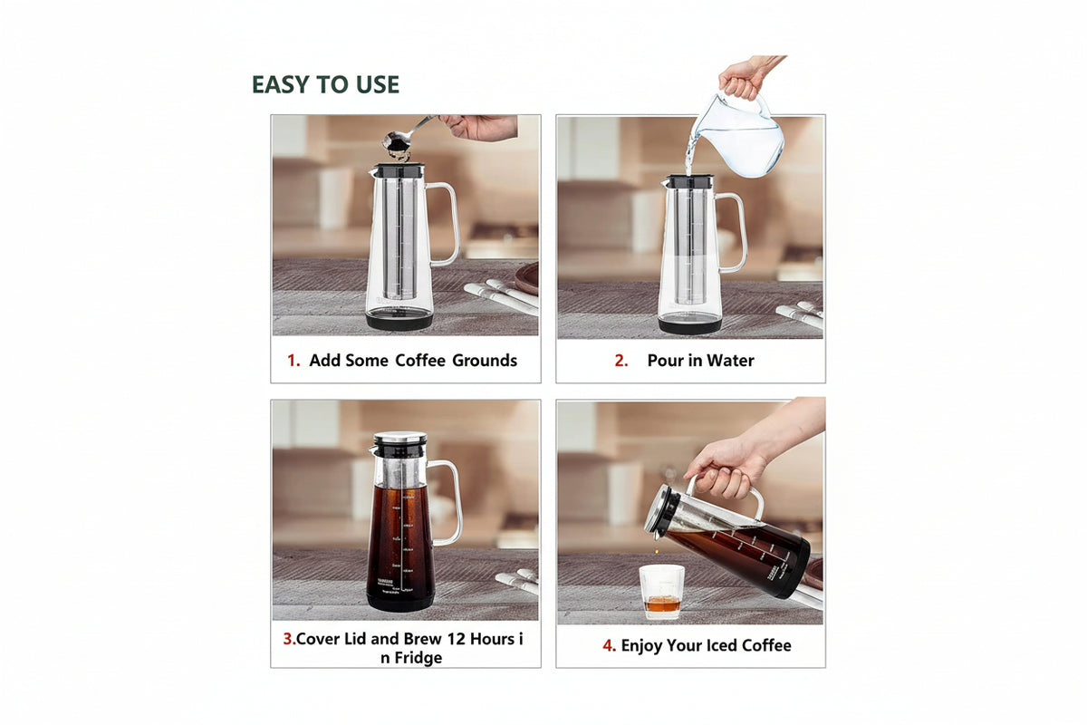 Airtight Cold Brew Iced Coffee Maker and Tea Infuser- 1.0L / 34Oz Glass Carafe with Removable Stainless Steel Filter